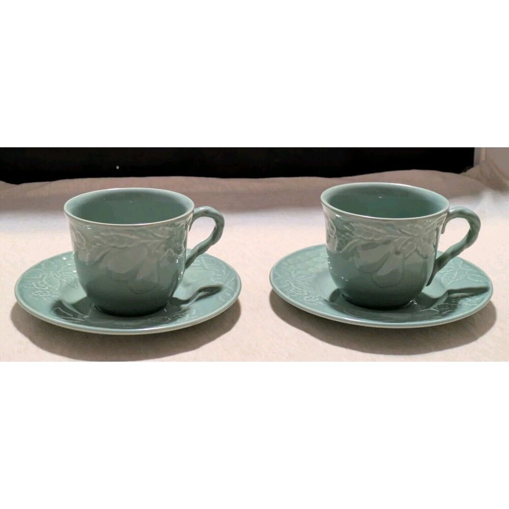 6 Savoir Vivre Fruit Promenade Celadon MF003 Cup & Saucer Sets Discontinued EUC